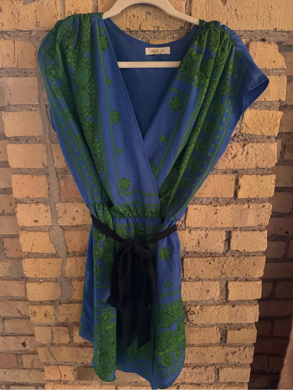 Sugarlips Blue and Green Floral Wrap Mini Dress with Black Waist Tie